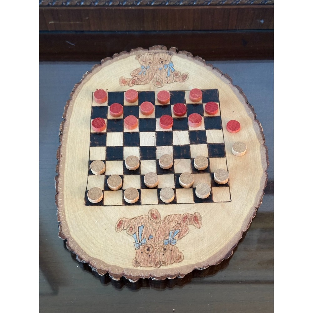 Vtg. Folk Art Checkers Board‎ Game Handcrafted Wood w/ Checkers Teddy Bears